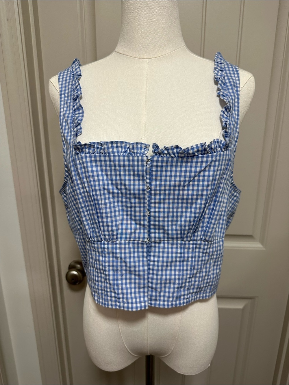 American Eagle Outfitters Blue Gingham Ruffle Crop Tank